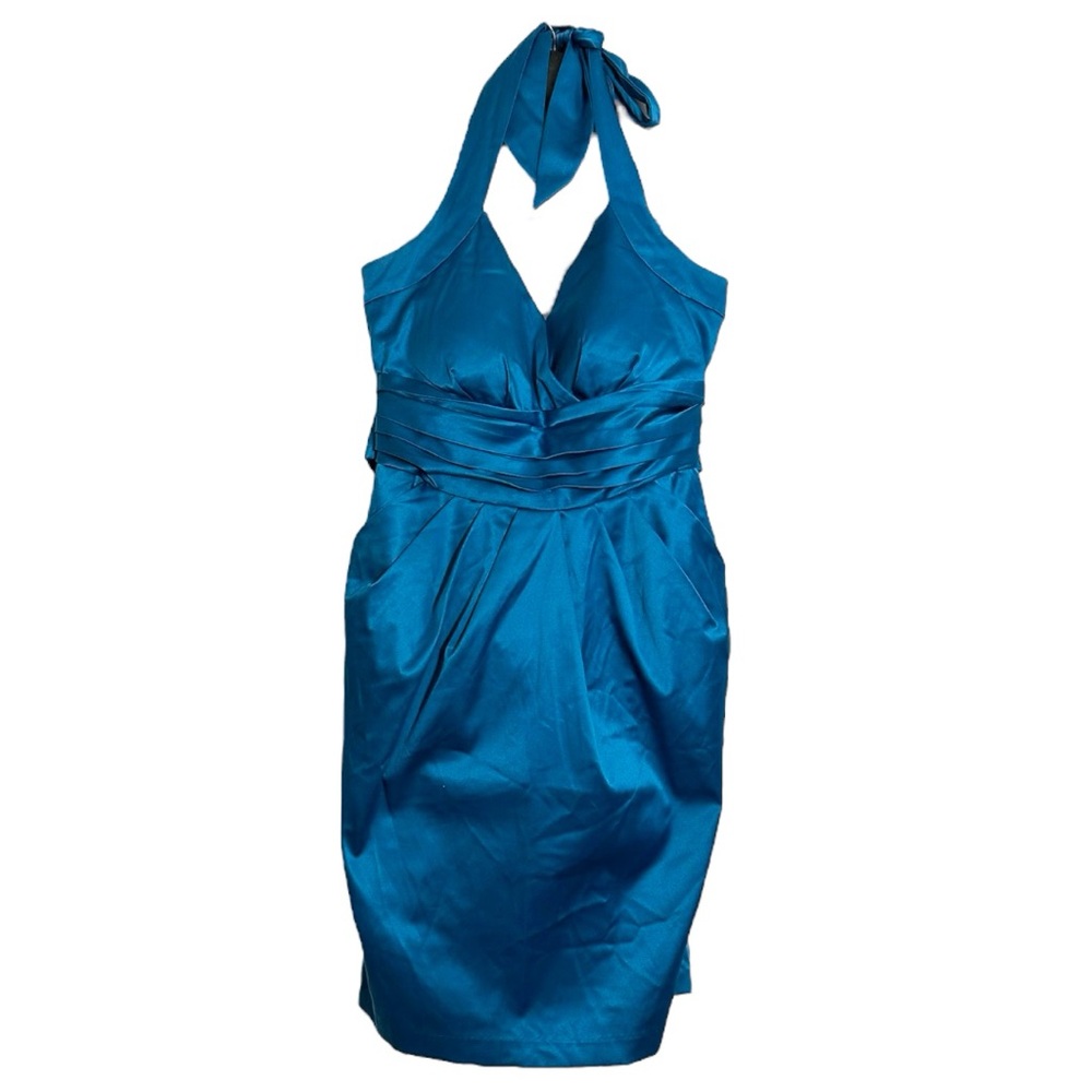 Snap Teal Blue Satin Halter Cocktail Dress Open Back Party Mini Size 7 Juniors